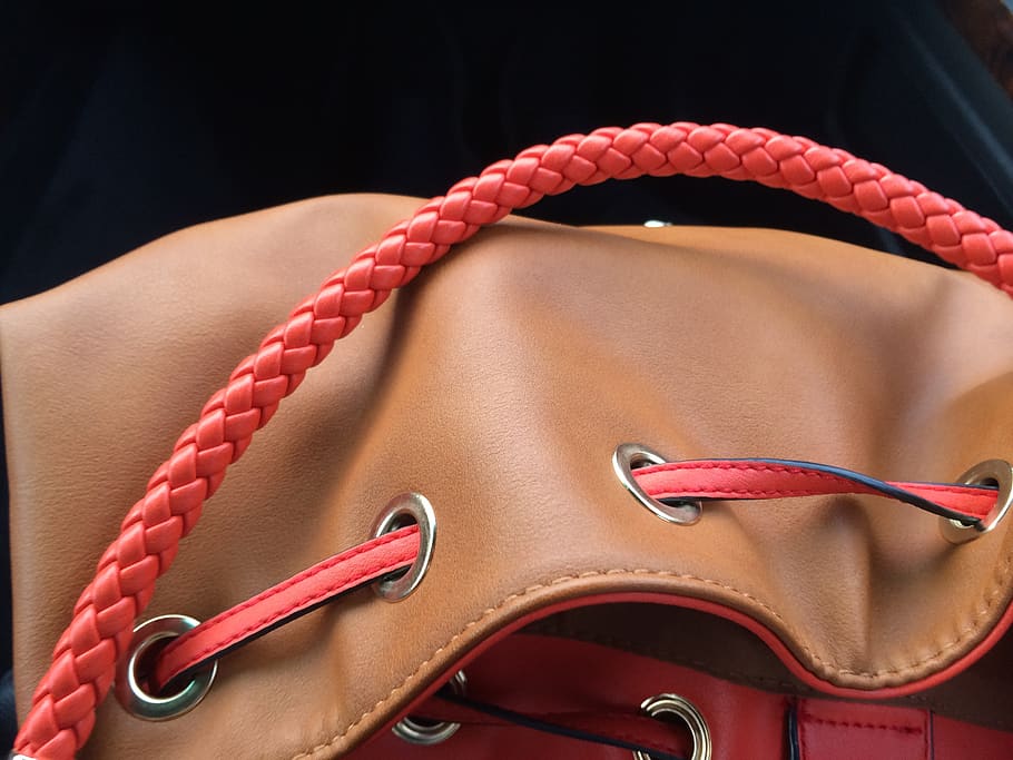handbag, cord, leather, fashion, detail, close-up, red, clothing, indoors, one person