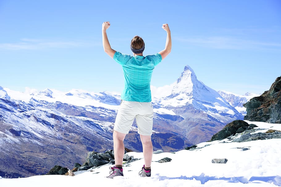 man, wearing, blue, shirt, standing, snowy, area, matterhorn, holiday, summit