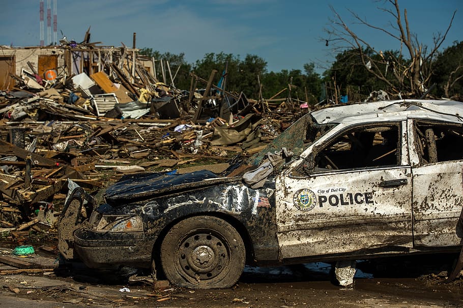broken, police car, surrounded, wither, tree, house, tornado damage, oklahoma, twister, devastation