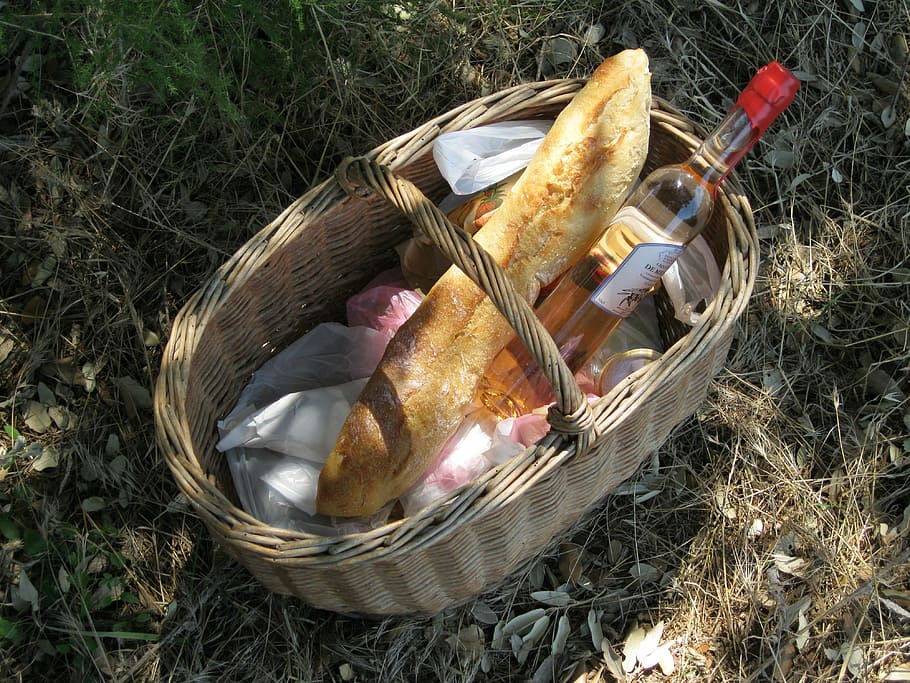 Picnic, Bread, Wine, Food, Outdoor, bread, wine, basket, nature, outdoors, grass