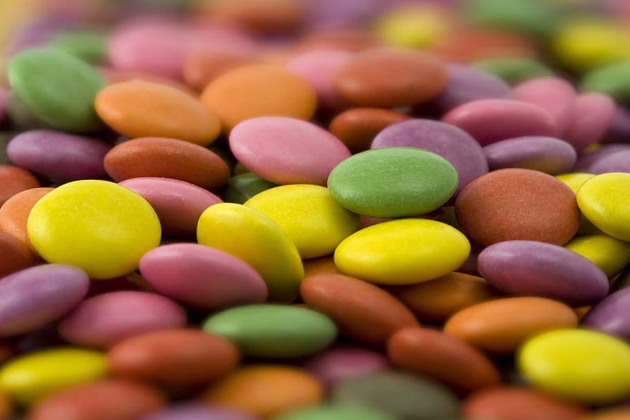 assorted-color candies, lentils, smarties, bonbons, colour, color, background, sweet, play, children
