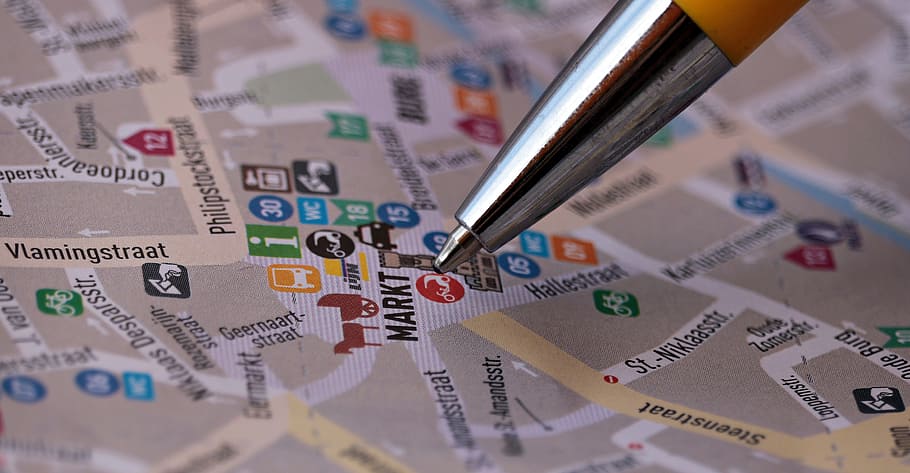gris, amarillo, bolígrafo, callejero, mapa, búsqueda, para encontrar, lugares de interés, planificación, lejos