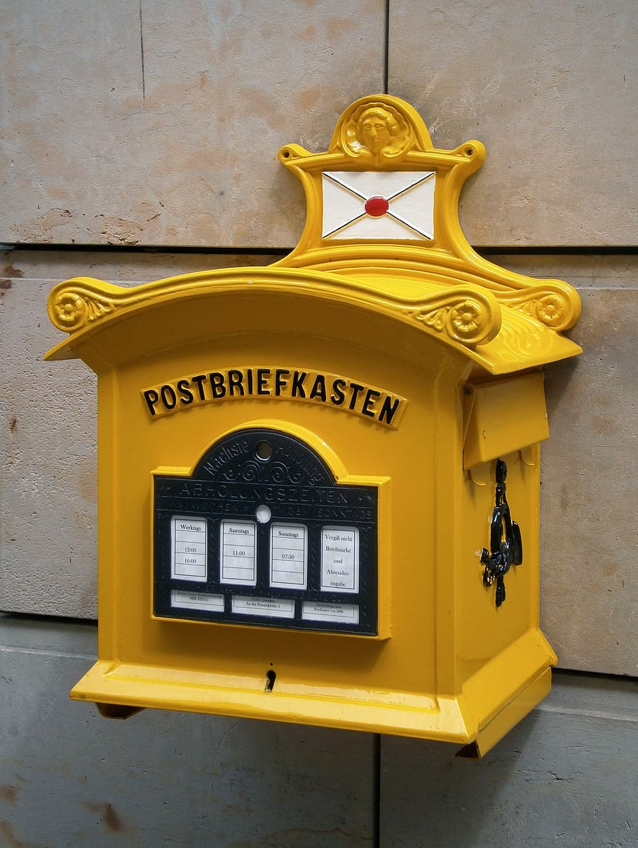 mailbox, letter boxes, post mail box, post, letters, post einwurf, send, pen pal, yellow, text