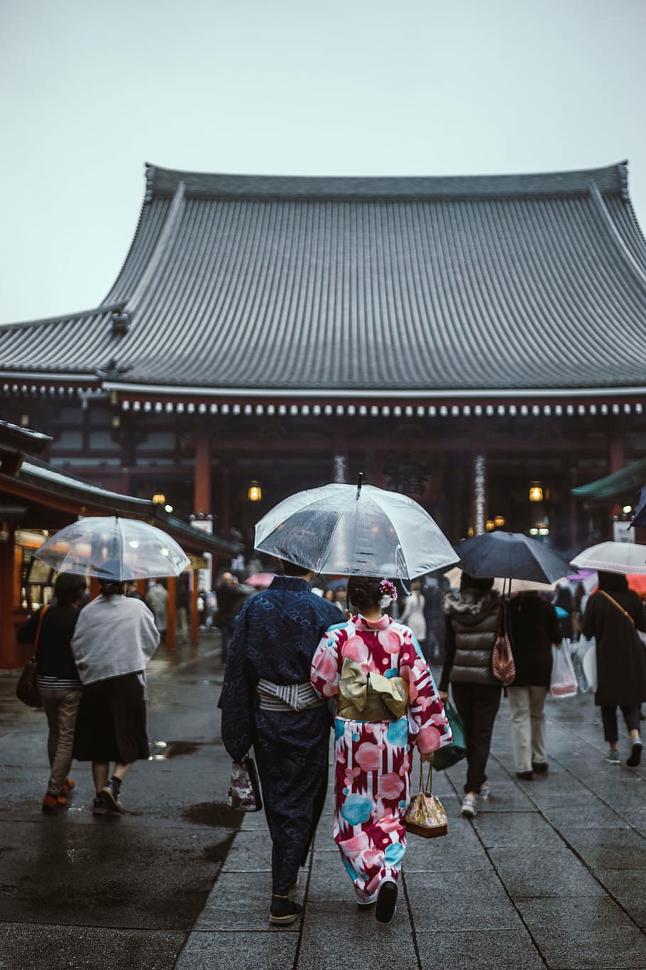 people, holding, umbrella, temple, daytime, asian, women, girls, kimono, japanese