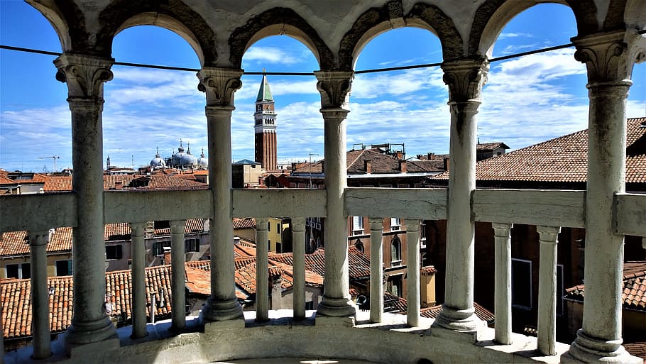 venecia, vistas, italia, arquitectura, balcón, edificios, palacio, teja, pintorescamente, tejados