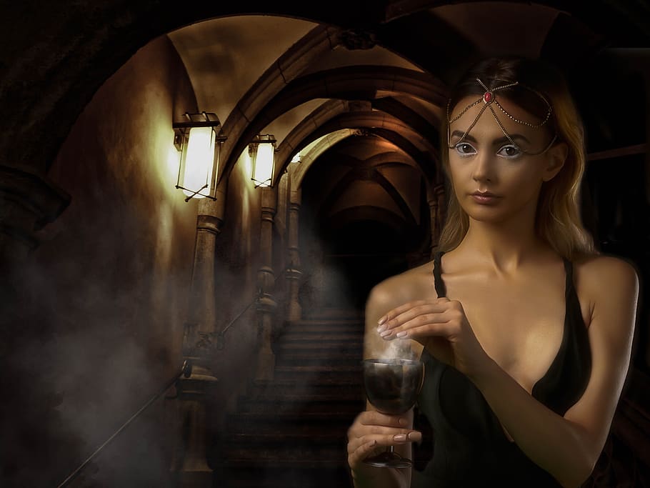magic, fantasy, woman, young, the witch, beautiful, photomontage, mysterious, vault, stairs