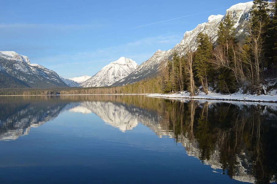 Lake McDonald, paisaje, montañas, horizonte, pico, reflexión, agua, Parque Nacional Glacier, Montana, Estados Unidos