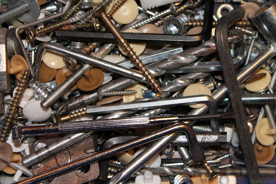 screw, screwdriver, tool, craftsmen, drill, odds and ends, allen key, metal, large group of objects, indoors