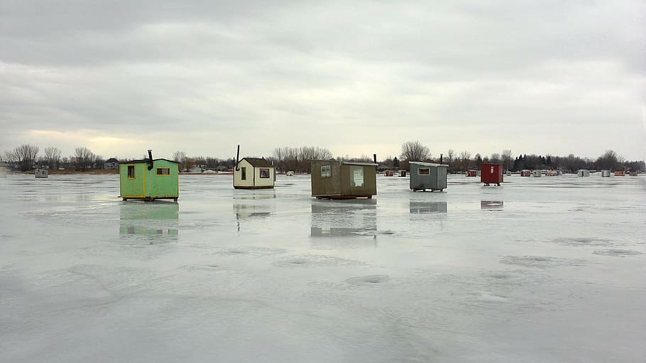 gubuk memancing es, es memancing, danau, ikan, es, memancing, salju, gubuk, musim dingin, rumah