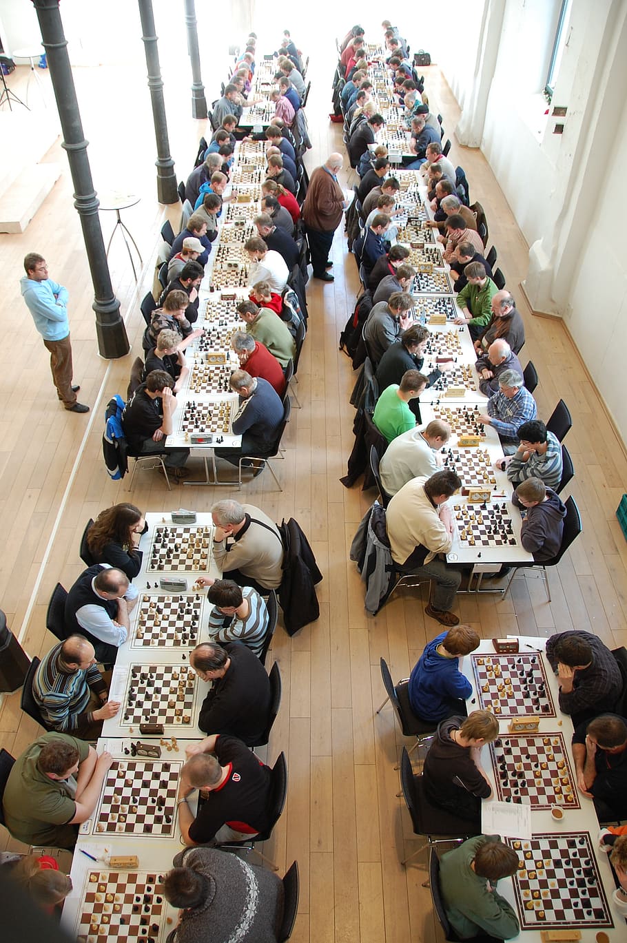 chess, tournament, chess congress, players, chess board, people, indoors, group of people, high angle view, real people
