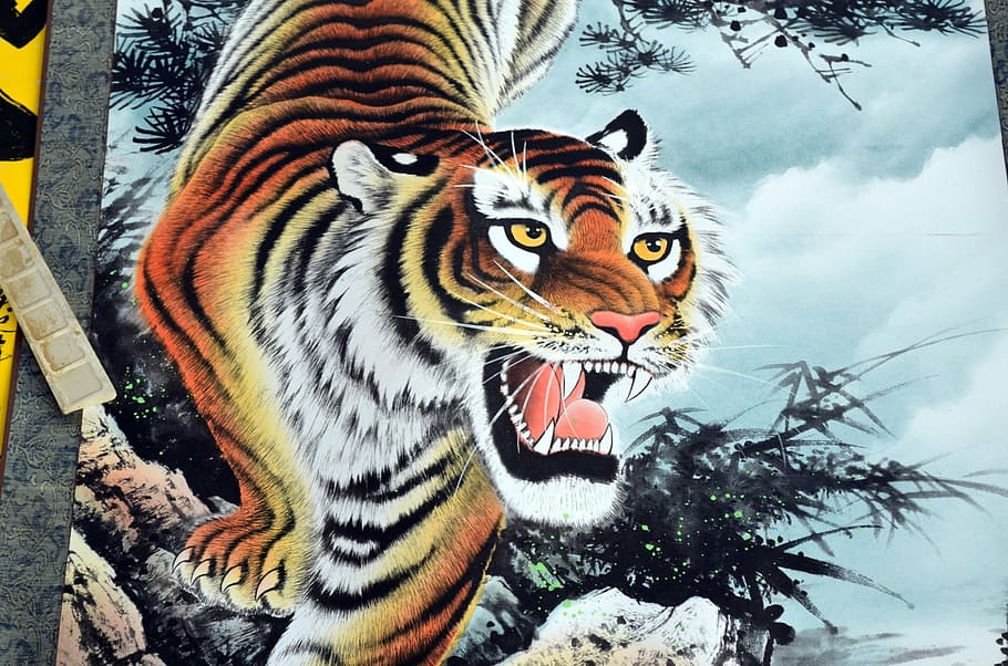 スクロール, トラ, 動物, 中国, 絵画, アート, 虎, 動物のテーマ, 動物の野生動物, 大きな猫
