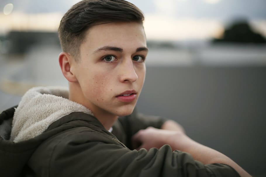 man, gray, white, hooded jacket, boy, person, portrait, one person, headshot, teenager
