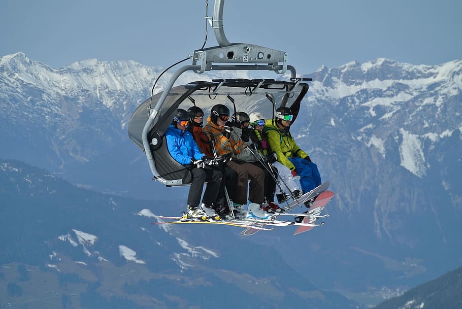 six, person, ski gear, set, riding, grey, ski lifters, six person, gear, lifters