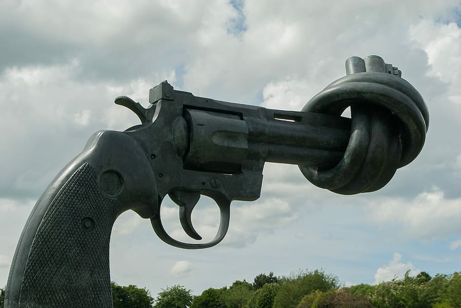 Nonviolence, Normandy, Caen, Revolver, weapon, statue, cloud - sky, military, day, war