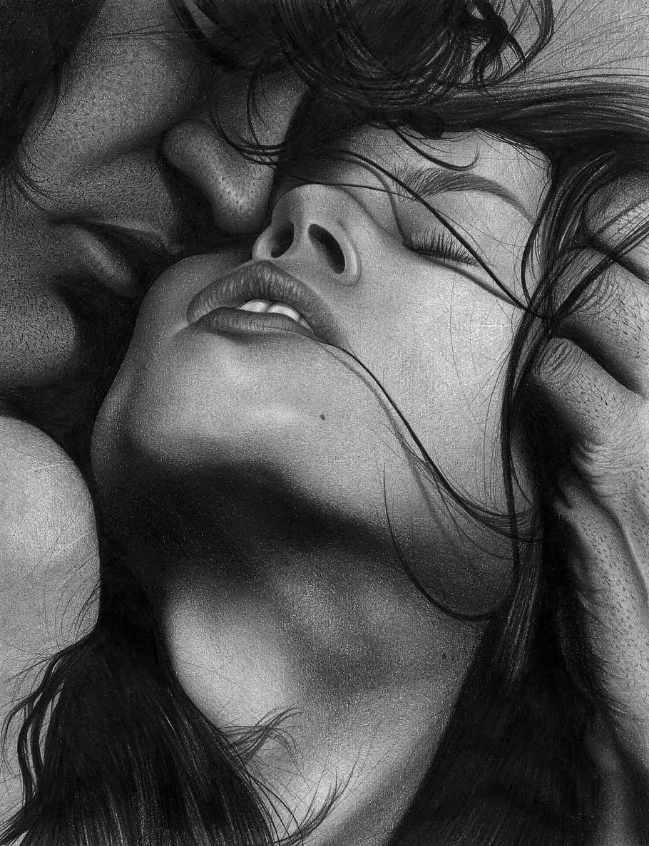 grayscale photography, man, woman, drawing, love, passion, pencil, draw, romance, amour