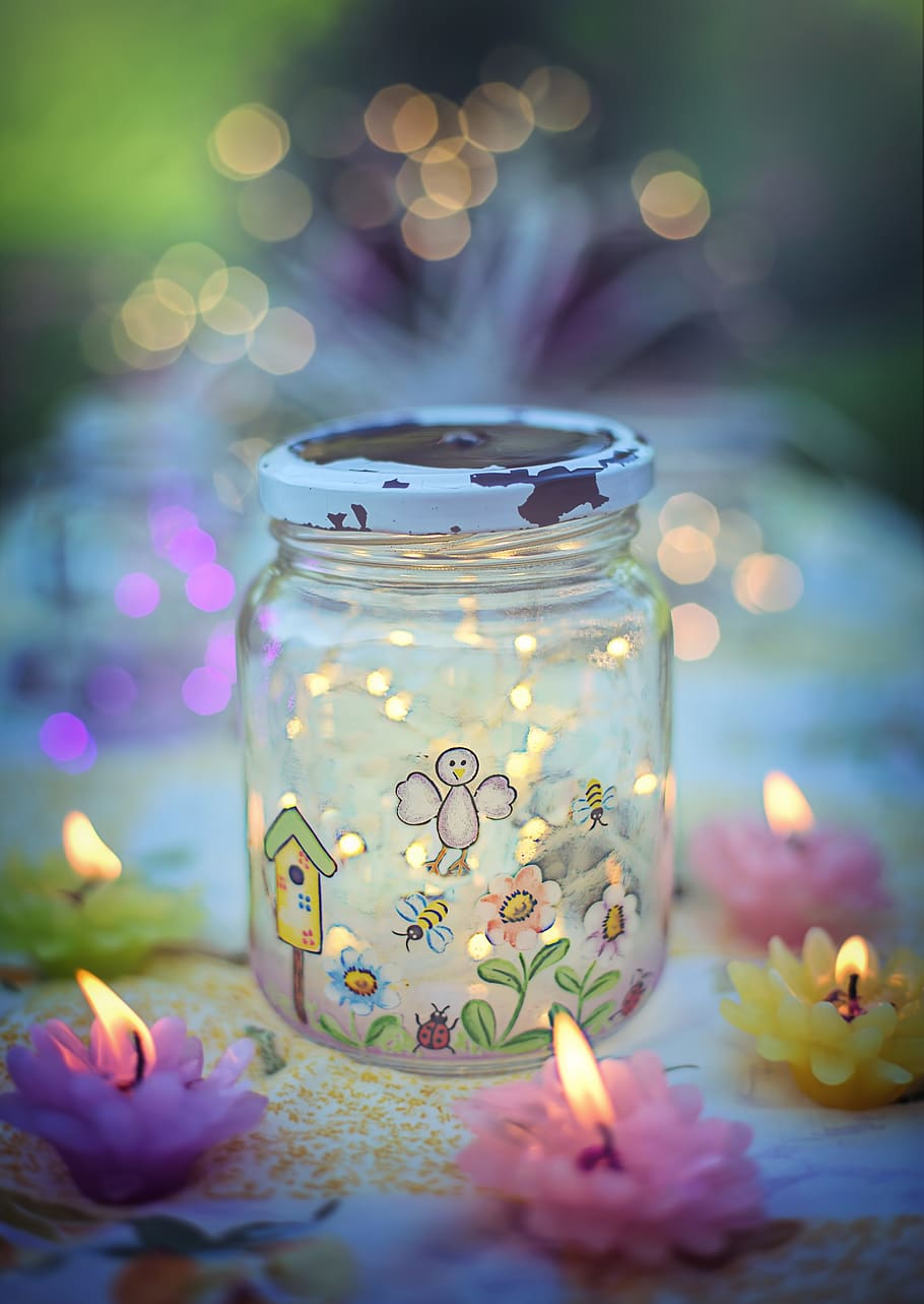 fireflies in jar, magical, colorful, summer evening, magic, fantasy, glittery, lights, fireflies, flower