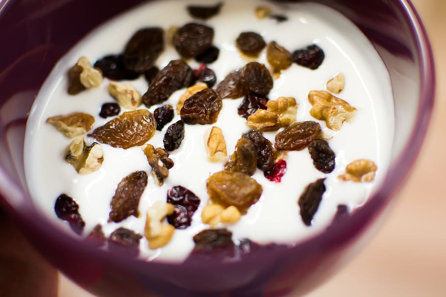 cereals, milk, bowl close-up photo, yoghurt, fruit, nuts, walnut, raisins, breakfast, food