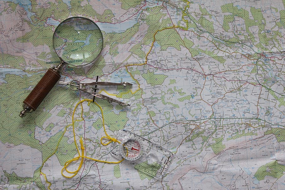 foto, pembesar, kaca, penggaris, peta, perjalanan, kompas, kaca pembesar, orienteering, hiking
