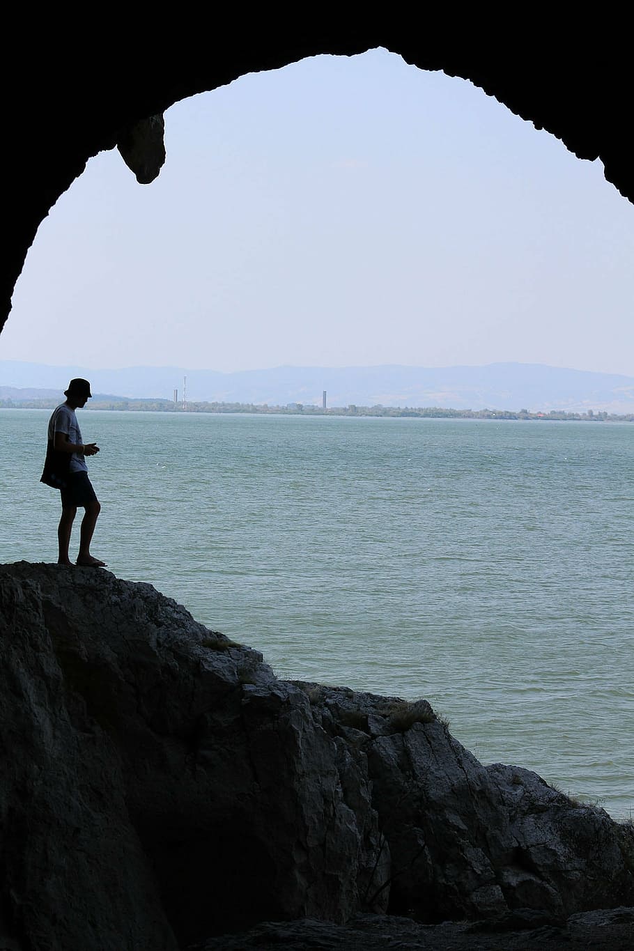 cueva, fotógrafo, lago, hombre, persona, silueta, horizonte, personas reales, mar, una persona