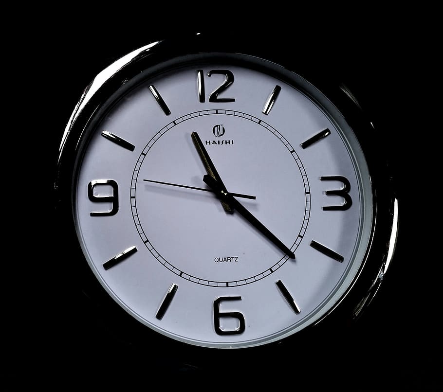 clock, hands, 11 22, time, number, black background, clock hand, studio shot, clock face, indoors