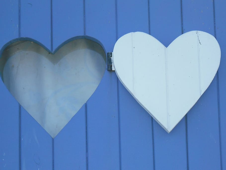 jantung, biru, kayu, panel, jendela, bentuk hati, cinta, emosi positif, emosi, romansa