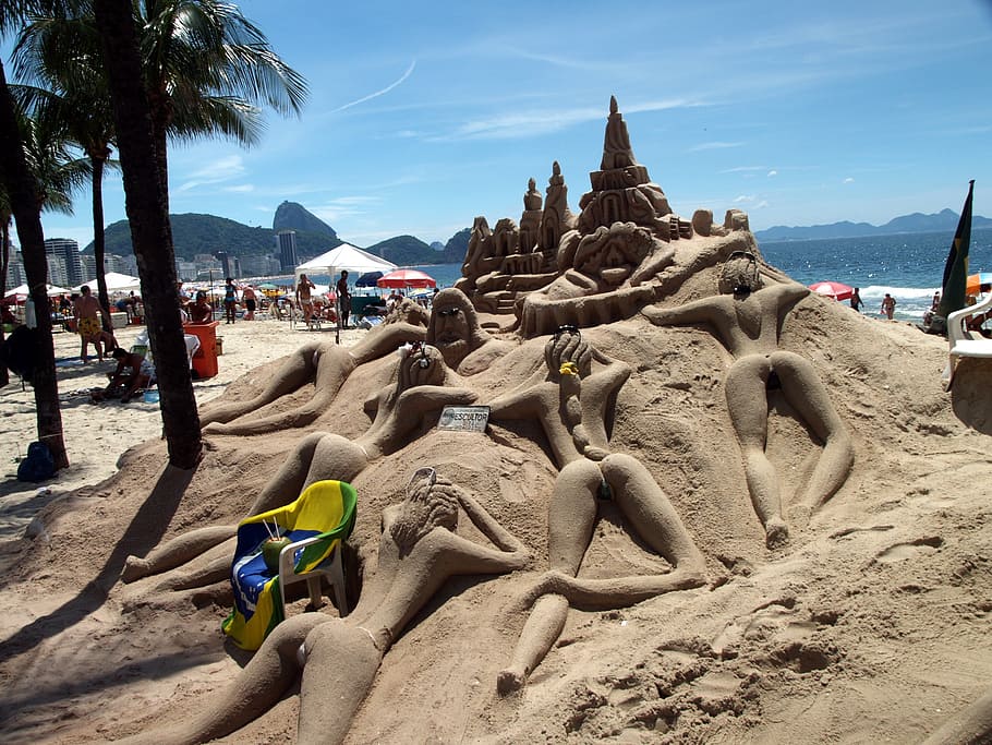 brasil, copa cabana, rio de janeiro, arte da praia, de praia, céu, terra, areia, mar, natureza