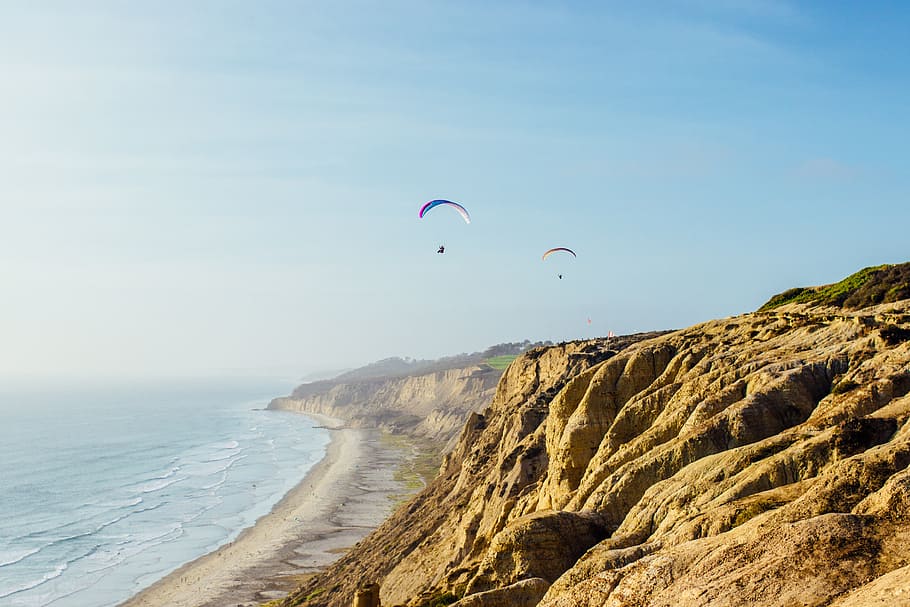 two, person, paragliding, daytime, coast, parasail, adventure, live, life, alive