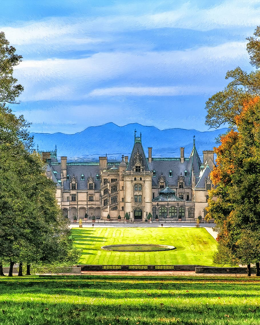 palace, front, garden, estate, biltmore, building, america, amazing, architecture, attraction