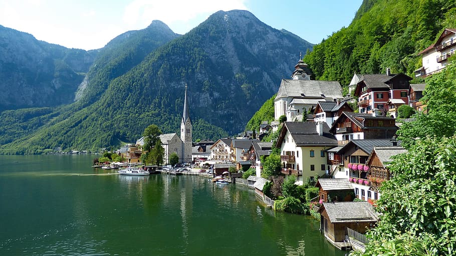 white, concrete, house, water, hallstatt, austria, lake, alps, alpine, architecture