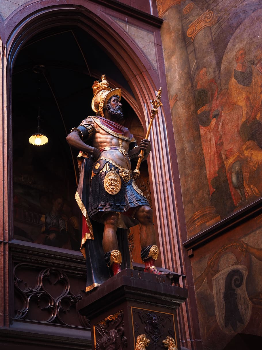 Statue, Lucius Munatius Plancus, basel city hall, courtyard, painting, town hall, basel, building, architecture, fassadenmalerien