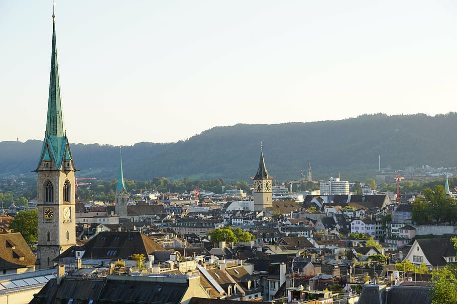 city, daytime, zurich, old town, churches, switzerland, roofs, homes, church, architecture