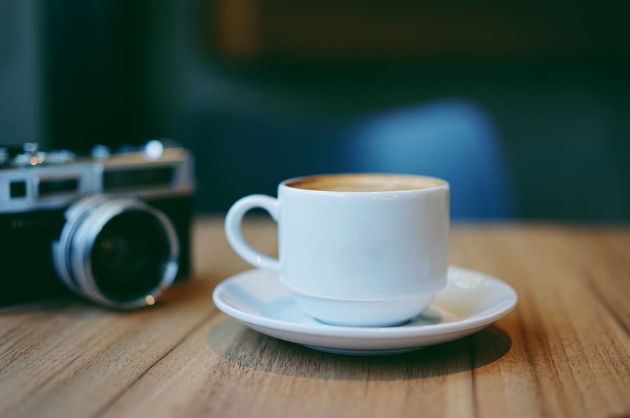 white, ceramic, cup, saucer, brown, surface, camera, photography, table, blur