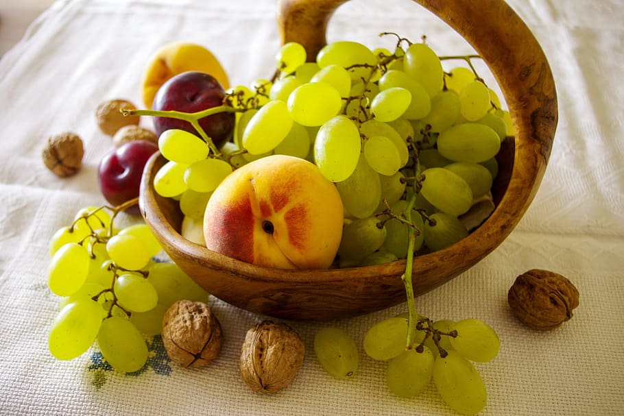 still life, fruit, grapes, fishing, plums, walnuts, olive tree, olive wood, table grapes, composition
