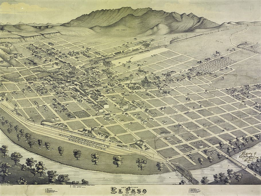 1886, Map, El Paso, Texas, drawing, photos, landscape, public domain, United States, vintage