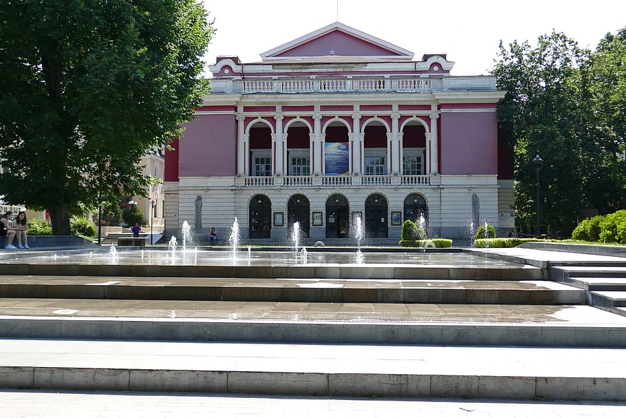 bulgaria, rousse, danube, city, architecture, concert, fountain, concert hall, building, facade
