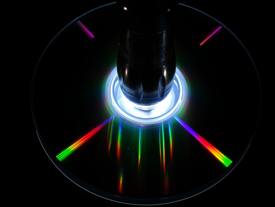 cd, dvd, digital, computer, silver, floppy disk, black background, multi colored, illuminated, glowing