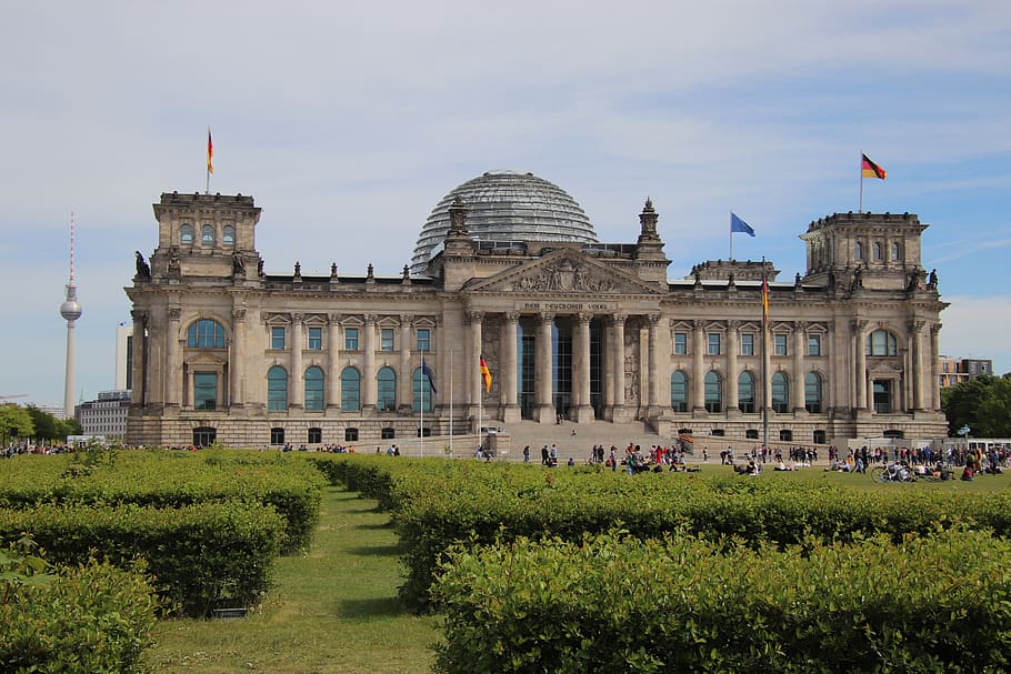 germany, berlin, reichstag, flags, cloud, sky, green hedge, building, architecture, sky building