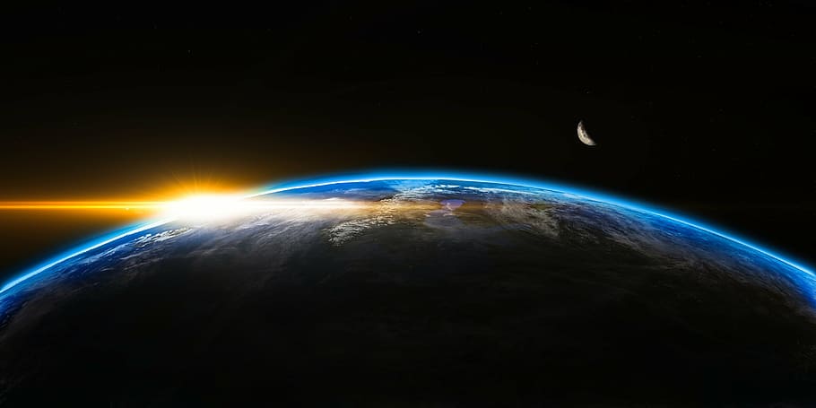 Tierra, sol, luna, digital, papel tapiz, amanecer, espacio, exterior, globo, mundo