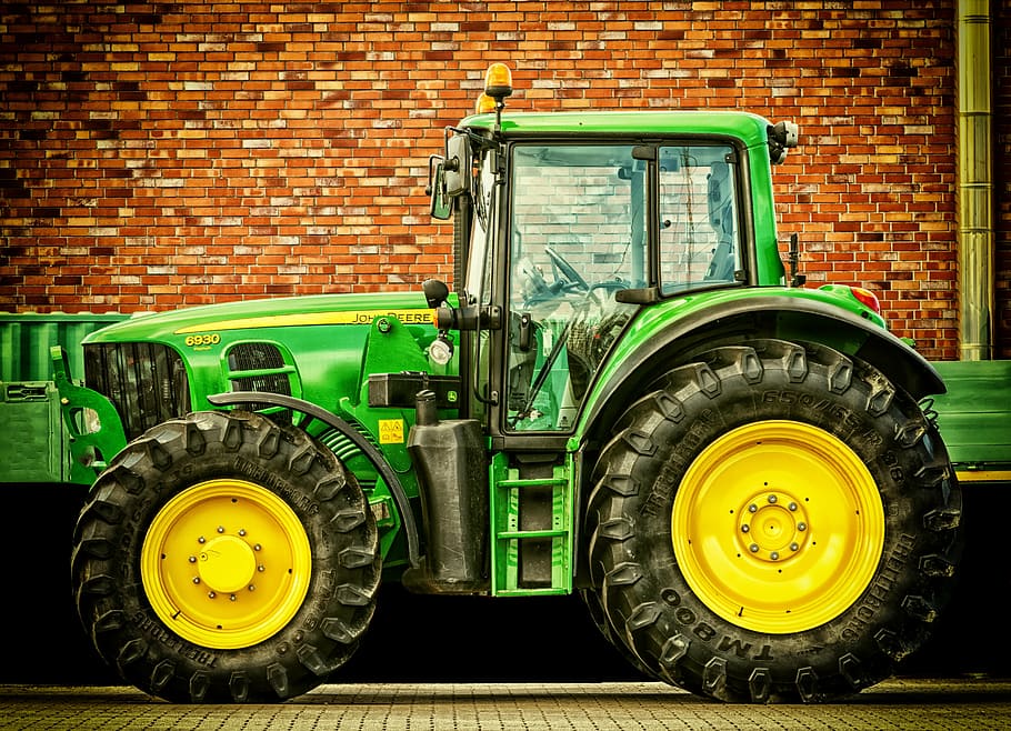 green, tractor, brick wall, vehicle, tractors, agricultural machine, commercial vehicle, john deere, agriculture, machine