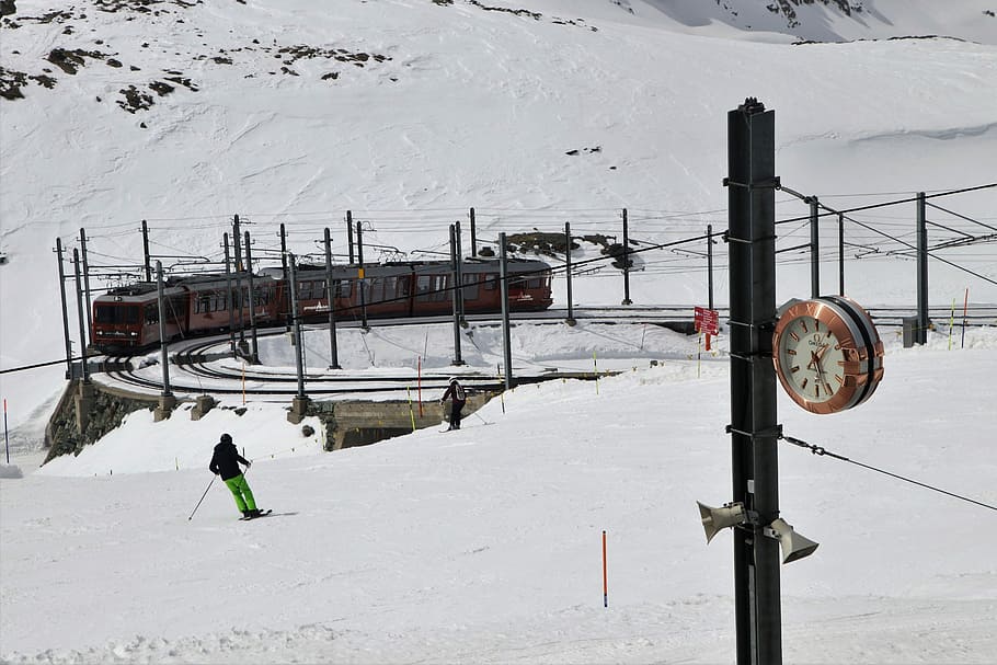 man, playing, snow skis, train railway, zermatt, ski, snow, winter, cold, transport