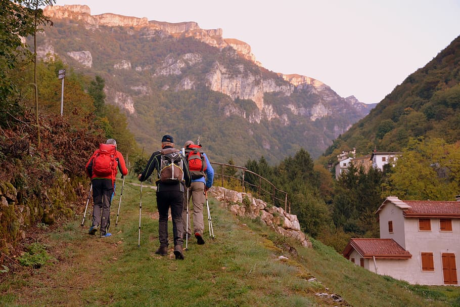 excursión, sendero, montaña, caminar con bastones, el camino europeo, e5, lessinia, italia, actividad, actividad de ocio