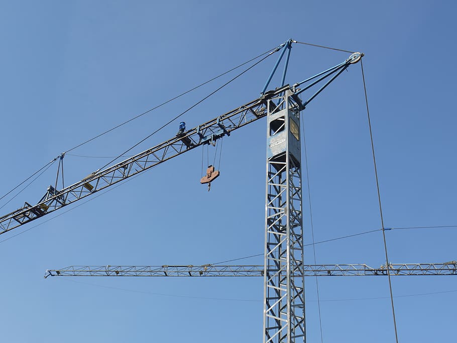 site, crane, housebuilding, industry, running rail, crane boom, build, blue, sky, construction