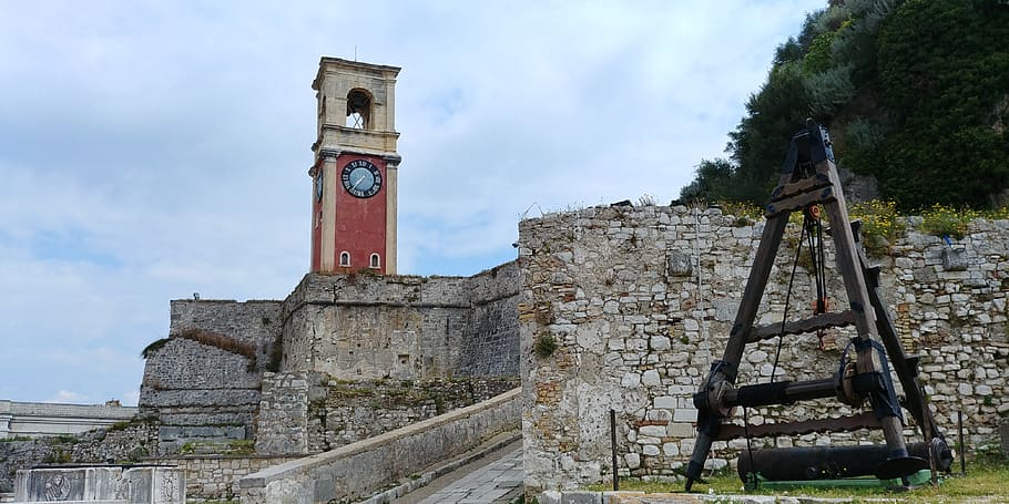 corfu, fortress, mediterranean, tourism, clocktower, greece, architecture, built structure, sky, cloud - sky