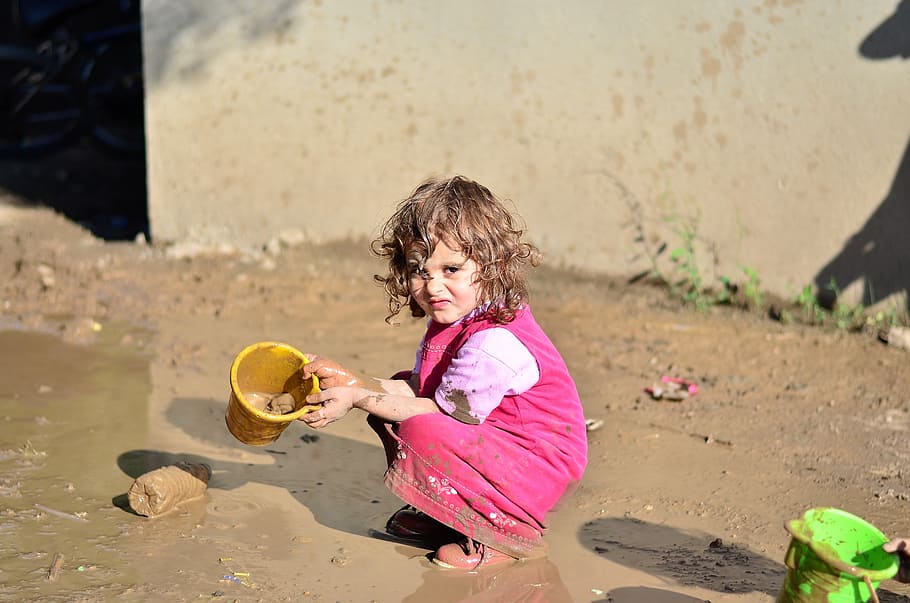 girl, wearing, pink, dress, holding, yellow, plastic dipper, child, game, children