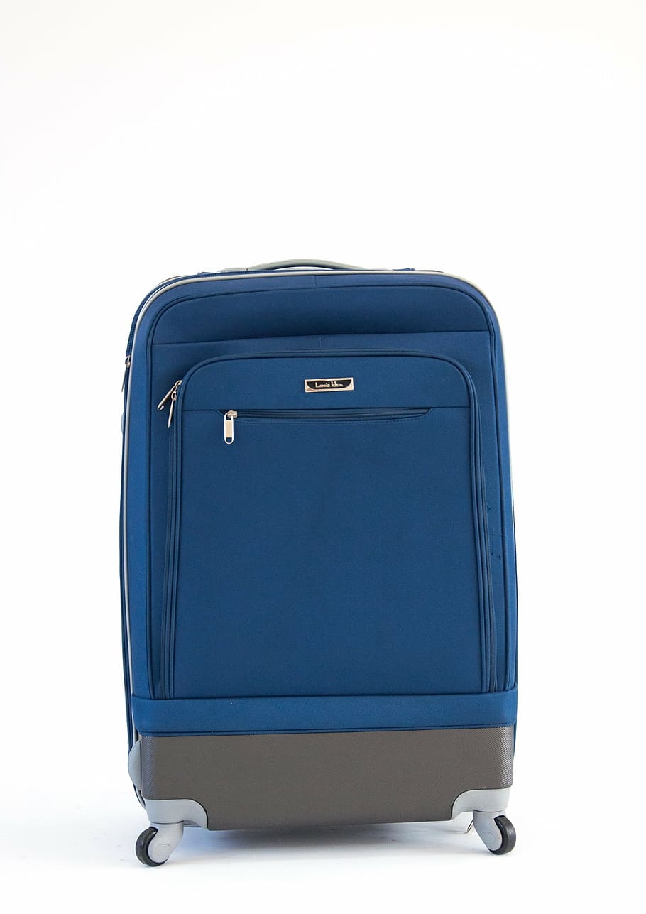 blue, gray, suede, rolling, luggage, suitcase, travel, tourism, plane, airport
