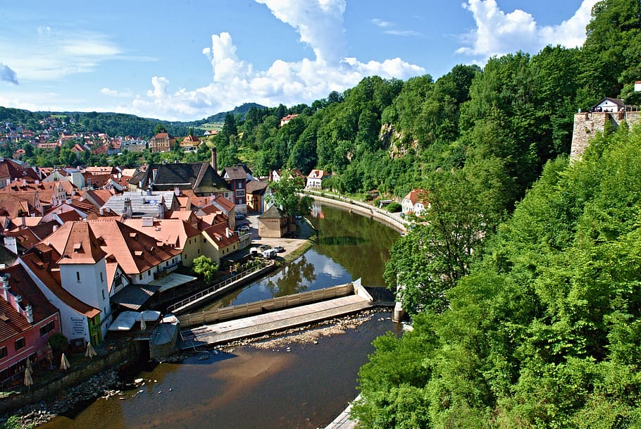 czech krumlov, view, river, weir, old town, landscape, south bohemia, sun, water, trees