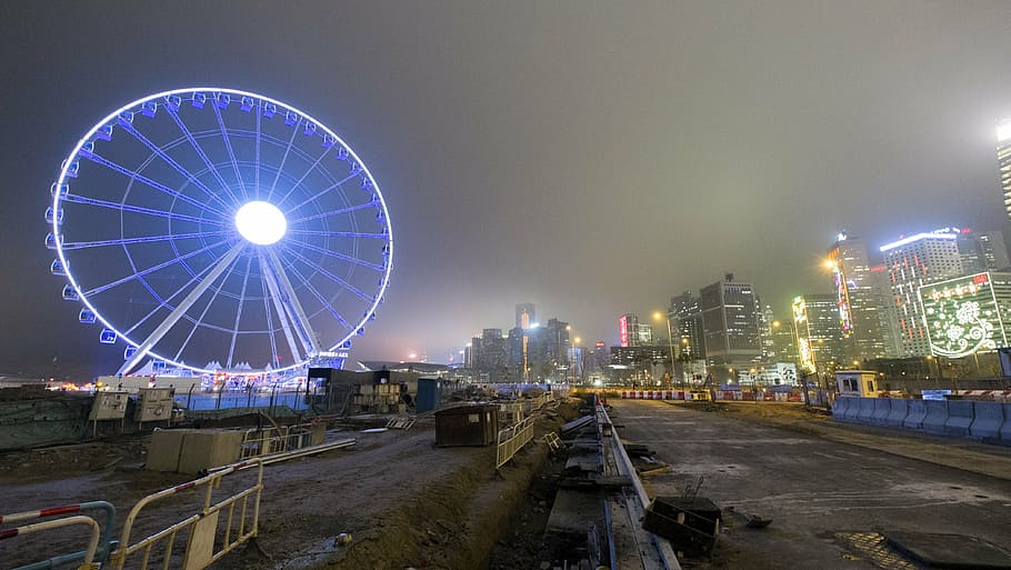 rueda de la fortuna, hong kong, hk, vista nocturna, gran f, arquitectura, ciudad, estructura construida, exterior del edificio, edificio