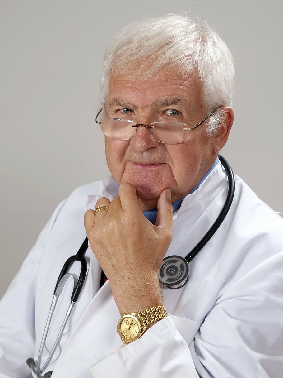 man, white, medical, gown, doctor, gray hair, experience, stethoscope, eyeglasses, one man only
