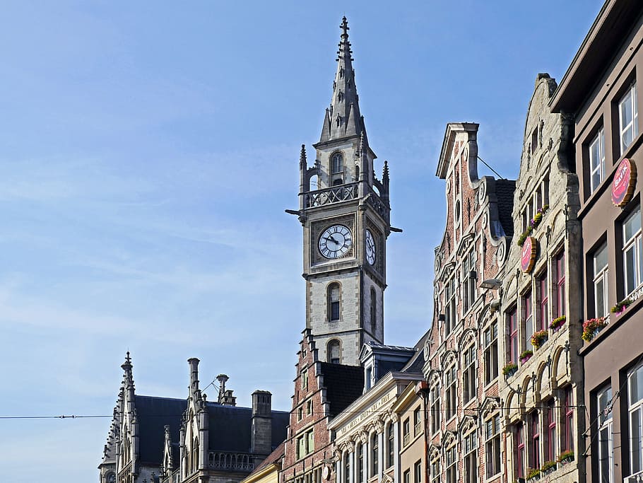 gent, historic gable, clock tower, row of houses, kornmarkt, stadtmitte, centrum, old post, jewelery gable, flanders