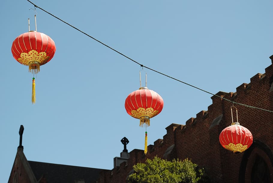 three, red, outdoor, lanterns, Chinese Lanterns, Culture, festival, traditional, oriental, celebration